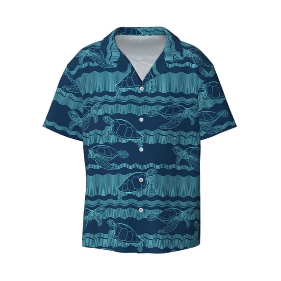 Xecao offers the Turtles and Waves for Men's Casual Short-sleeved Shirt, a button-up collared shirt with a pocket, perfect for beach vacations and yacht travel in the 4X-Large size.