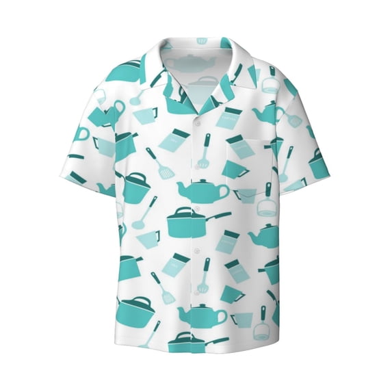 Xecao offers the Utensiles for Men's Casual Short-sleeved Shirt, a button-up collared shirt with a pocket, perfect for beach vacations and yacht travel in the 4X-Large size.