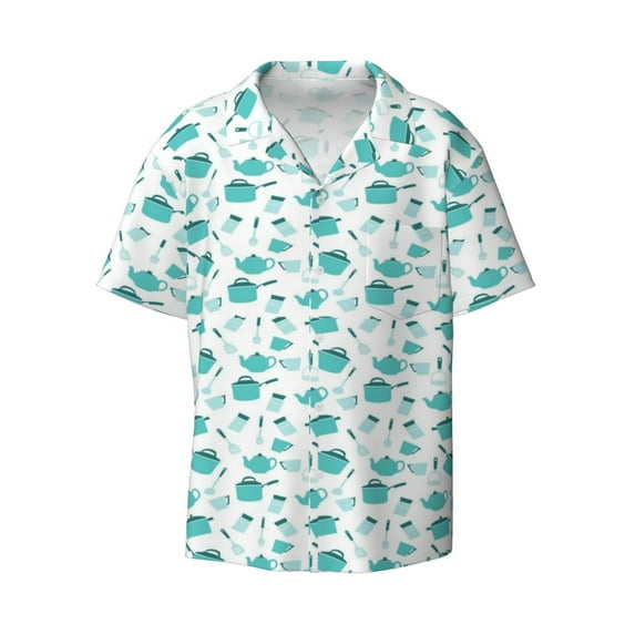 Xecao offers the Utensiles for Men's Casual Short-sleeved Shirt, a button-up collared shirt with a pocket, perfect for beach vacations and yacht travel in the Large size.