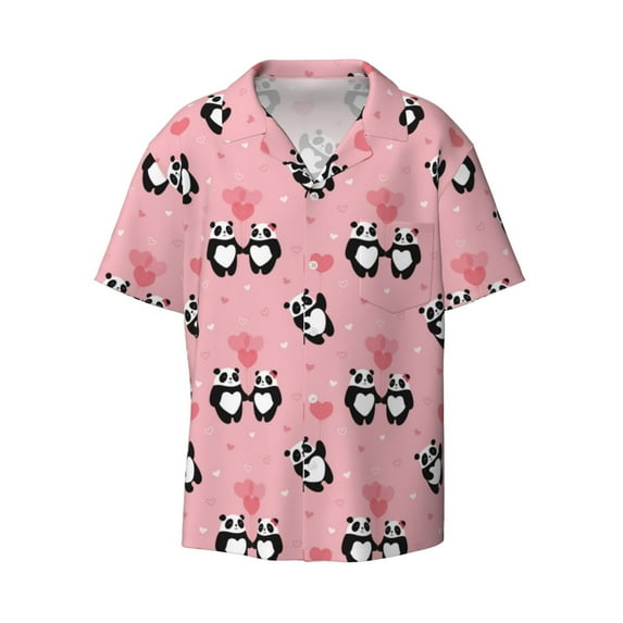 Xecao offers the Valentine'S Day Panda for Men's Casual Short-sleeved Shirt, a button-up collared shirt with a pocket, perfect for beach vacations and yacht travel in the Medium size.