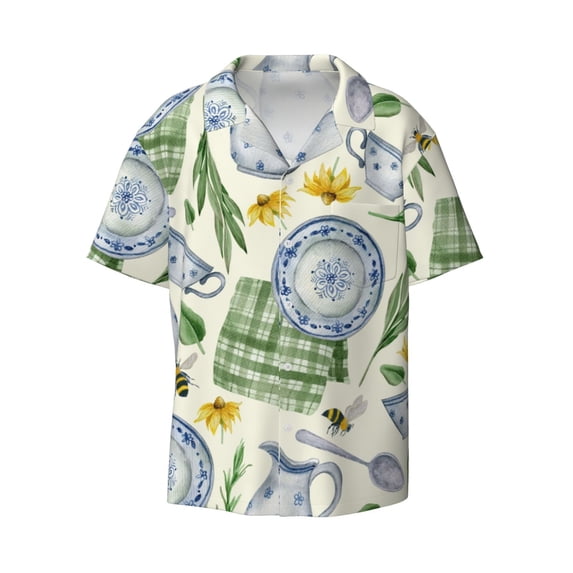 Xecao offers the Vintage Utensils for Men's Casual Short-sleeved Shirt, a button-up collared shirt with a pocket, perfect for beach vacations and yacht travel in the Small size.