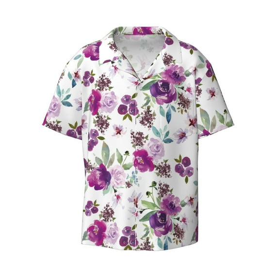 Xecao offers the Violets Flowers for Men's Casual Short-sleeved Shirt, a button-up collared shirt with a pocket, perfect for beach vacations and yacht travel in the Small size.