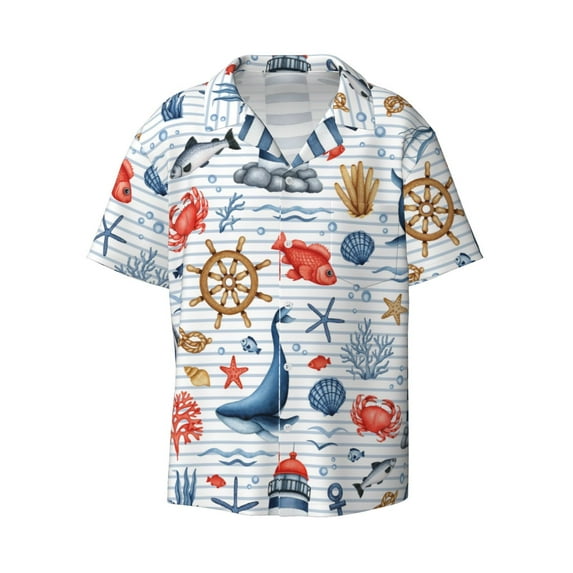 Xecao offers the Watercolor Nautical for Men's Casual Short-sleeved Shirt, a button-up collared shirt with a pocket, perfect for beach vacations and yacht travel in the 4X-Large size.