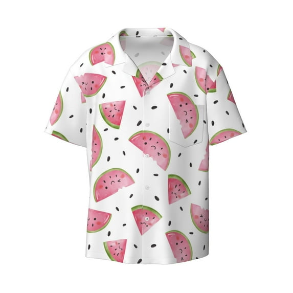Xecao offers the Watermelon for Men's Casual Short-sleeved Shirt, a button-up collared shirt with a pocket, perfect for beach vacations and yacht travel in the 4X-Large size.