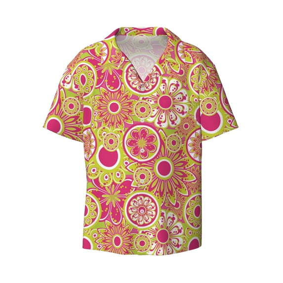 Xecao offers the Yellow Flowers for Men's Casual Short-sleeved Shirt, a button-up collared shirt with a pocket, perfect for beach vacations and yacht travel in the Large size.