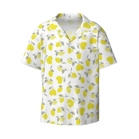 Xecao offers the Yellow Lemon Leaves for Men's Casual Short-sleeved Shirt, a button-up collared shirt with a pocket, perfect for beach vacations and yacht travel in the Medium size.