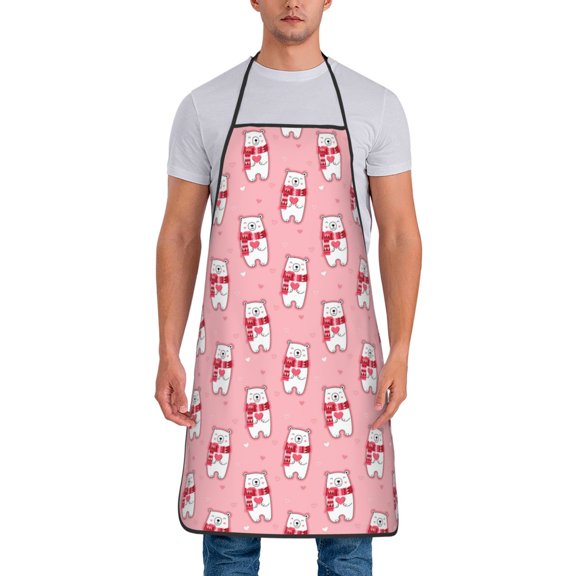 Xecao pink Scarf bear Print Funny BBQ Chef Aprons for Men Women,Adjustable Kitchen Cooking Aprons with Pocket Waterproof Oil Proof No Pilling Fading