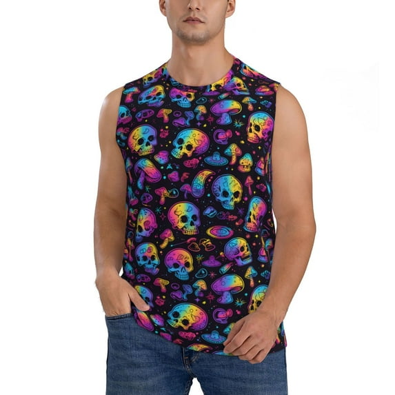 Xecao rainbow color Skull mushroom Print Men's Tank Top: Sleek Sleeveless Tee for Casual Sports and Beach Occasions-XX-Large