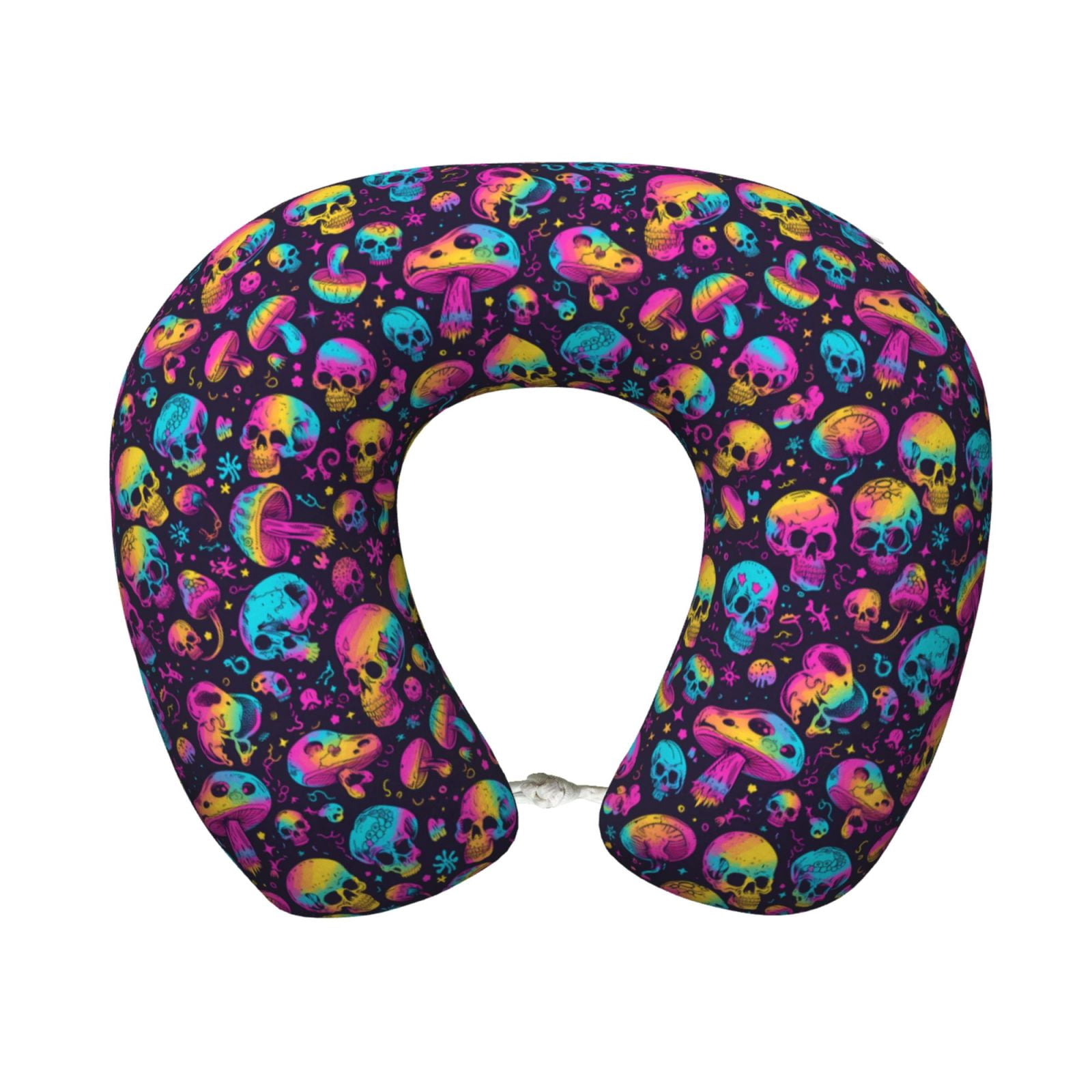 Xecao rainbow color mushroom Skull Print Memory Foam Cervical Neck Pillow Versatile U-Shaped Pillows for Home,Office,Camping,Travelling,Soft Washable Cover