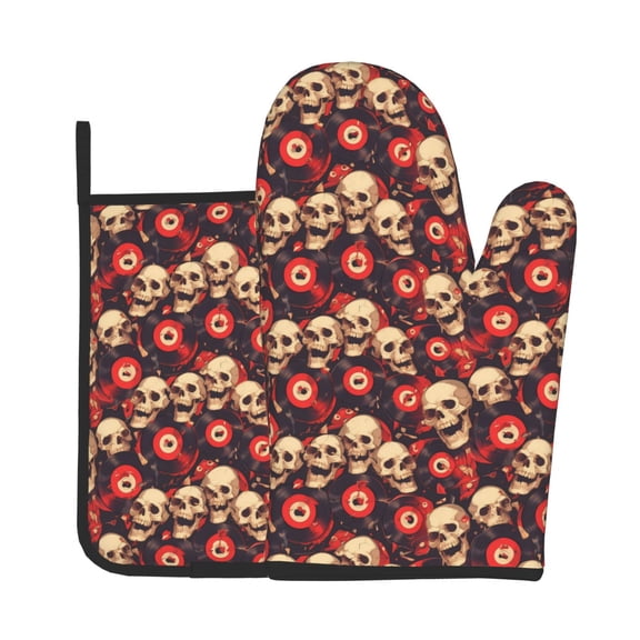 Xecao record Skull rock Pattern Oven Mitts and Pot Holders Sets Heat Resistant Silicone Oven Mittens Extra Thicken Long Kitchen Cotton Oven Glove for Cooking