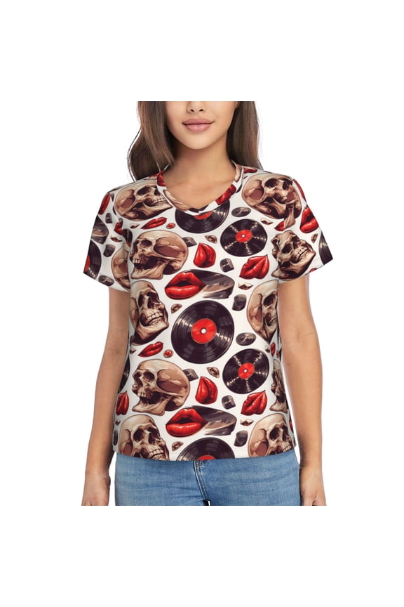 record lips Skull for Women's V-Neck T-Shirts-Elegant Half-Sleeve Tops Perfect for Summer-Large