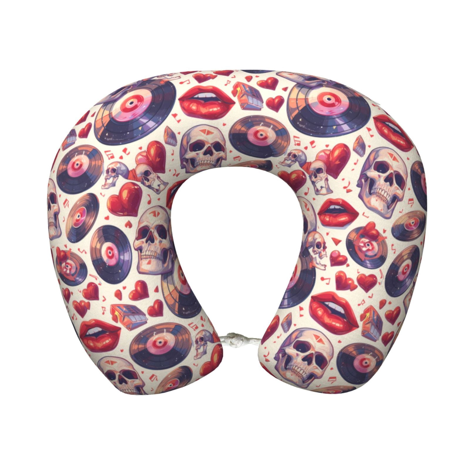 Xecao record rock Skull lips Print Memory Foam Cervical Neck Pillow Versatile U-Shaped Pillows for Home,Office,Camping,Travelling,Soft Washable Cover