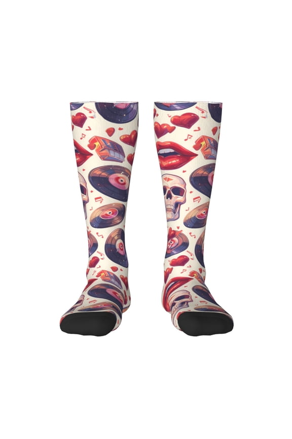 record rock Skull lips print thigh-high socks, crafted for both men and women with a stretchy, high-opaque design perfect for daily wear