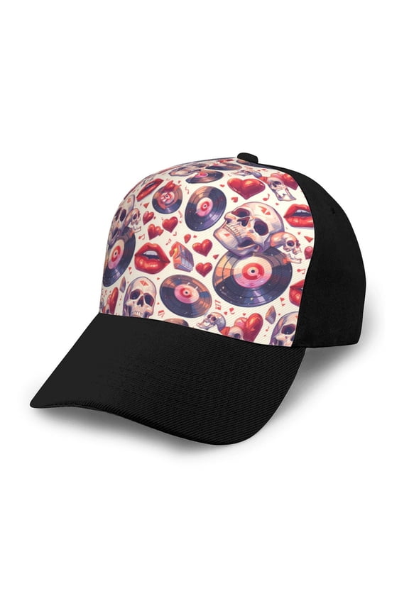 record rock Skull lips print unisex vintage washed baseball cap, a soft and adjustable hat perfect for any casual style.