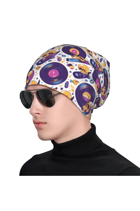 record rock Skull star Print Beanie Knitted Hat for Men Women, Winter Fashion Knit Cuffed Caps Unisex
