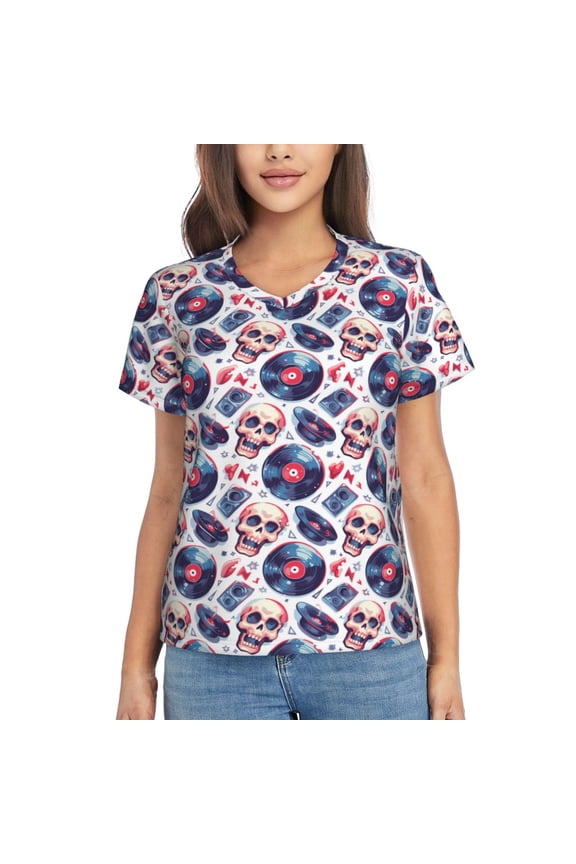 record rock music Skull for Women's V-Neck T-Shirts-Elegant Half-Sleeve Tops Perfect for Summer-XX-Large