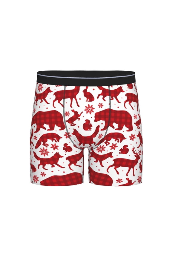 red plaid Moose Bunny bear Print Boxer Briefs for Men's Stretch Moisture-Wicking Underwear, Mid-Rise Classics breathable fabric