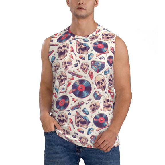 Xecao rock Skull record Retro Print Men's Tank Top: Sleek Sleeveless Tee for Casual Sports and Beach Occasions-Medium