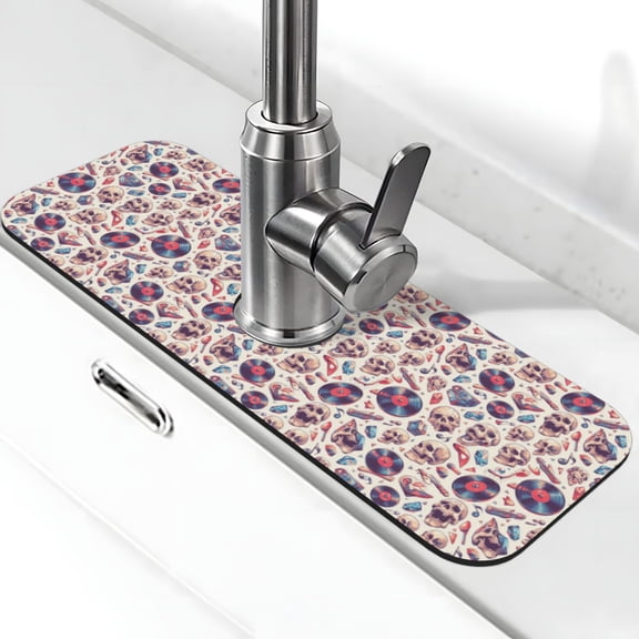 Xecao rock Skull record Retro for Kitchen Sink Splash Guard Faucet Mat , Faucet Guard & Draining mat, (15" X 5.5" )