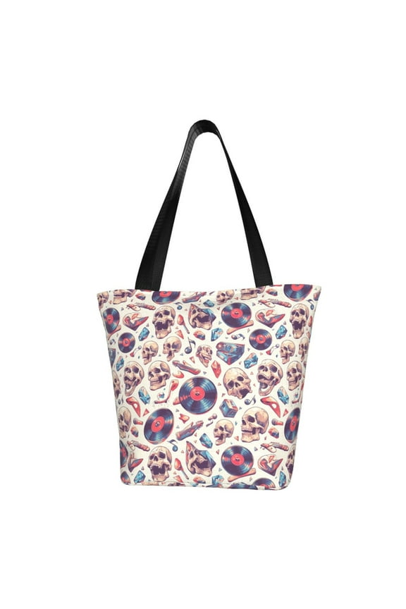 rock Skull record Retro for Tote Bag for Women -Tote Shoulder Bag with A Little Pocket Inside, Perfect for Travel and Work.