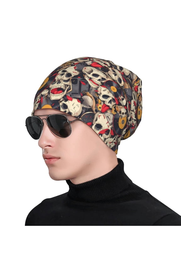 rock Skull record artist Print Beanie Knitted Hat for Men Women, Winter Fashion Knit Cuffed Caps Unisex