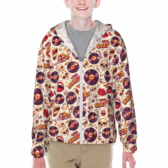 Xecao rock music Skull record Print Fishing Shirts for teenager Long Sleeve UV Sun Protection Hoodie with Zipper Outdoor Hiking Shirts-Medium
