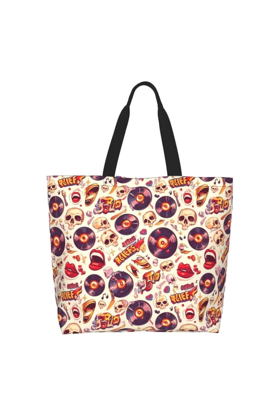 rock music Skull record for Tote Bag for Women, Tote Shoulder Bag with a littlw pocket and Handbag for Travel, Work