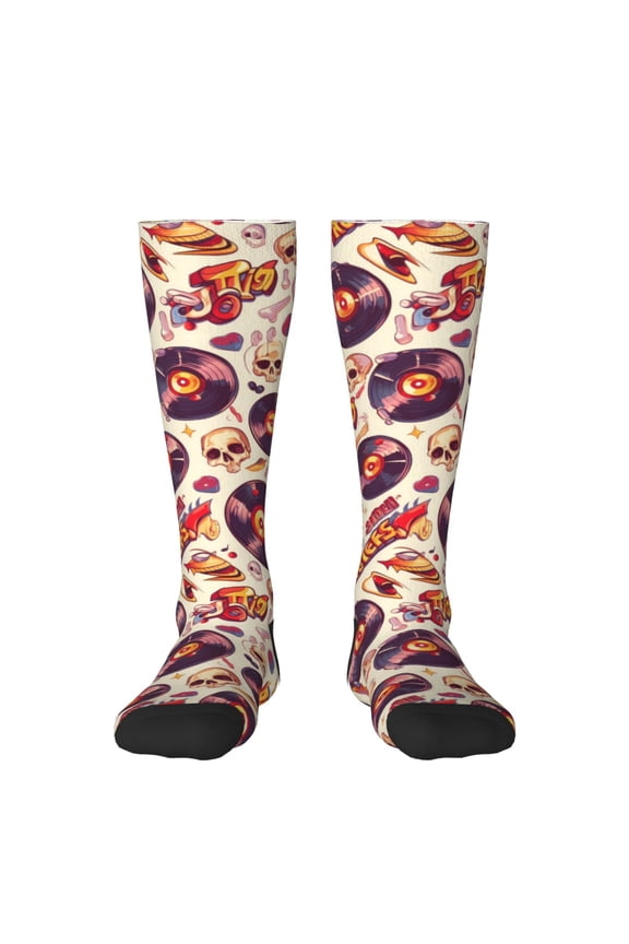 rock music Skull record print thigh-high socks, crafted for both men and women with a stretchy, high-opaque design perfect for daily wear