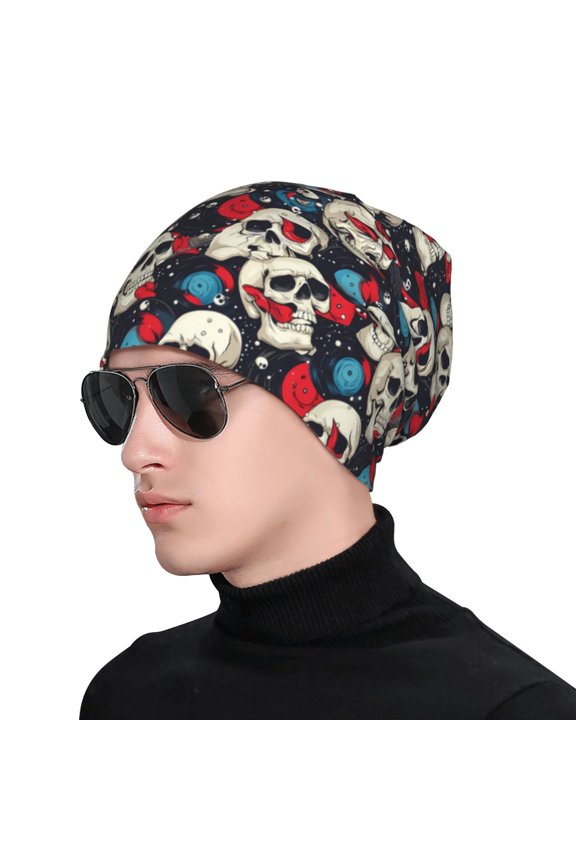 rock record Skull artist Print Beanie Knitted Hat for Men Women, Winter Fashion Knit Cuffed Caps Unisex