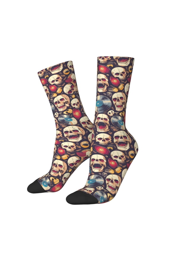 rock record music Skull Pattern Sport Socks for Women and Men Crew Socks Sporty Calf Socks Casual Socks