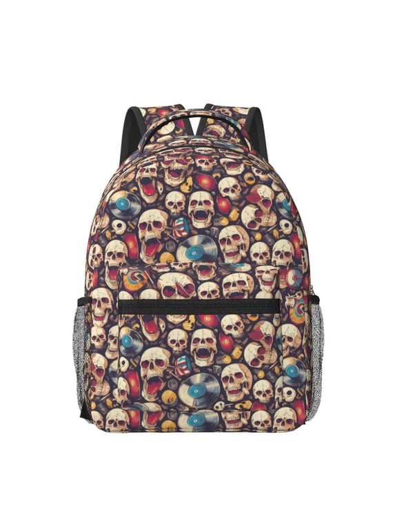 rock record music Skull Travel Backpack: A spacious, stylish computer backpack ideal for men and women, perfect for college, school, or daily travels