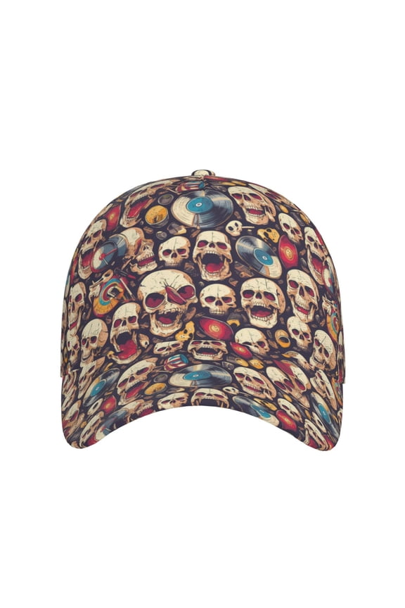 rock record music Skull for Baseball Cap: Unisex, crafted from classic polyester twill fabric, featuring a soft unconstructed design