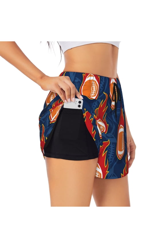 's American Football and Fire Flames for a double-layer running short for women, perfect for gym, tennis, and more, featuring a convenient pocket.