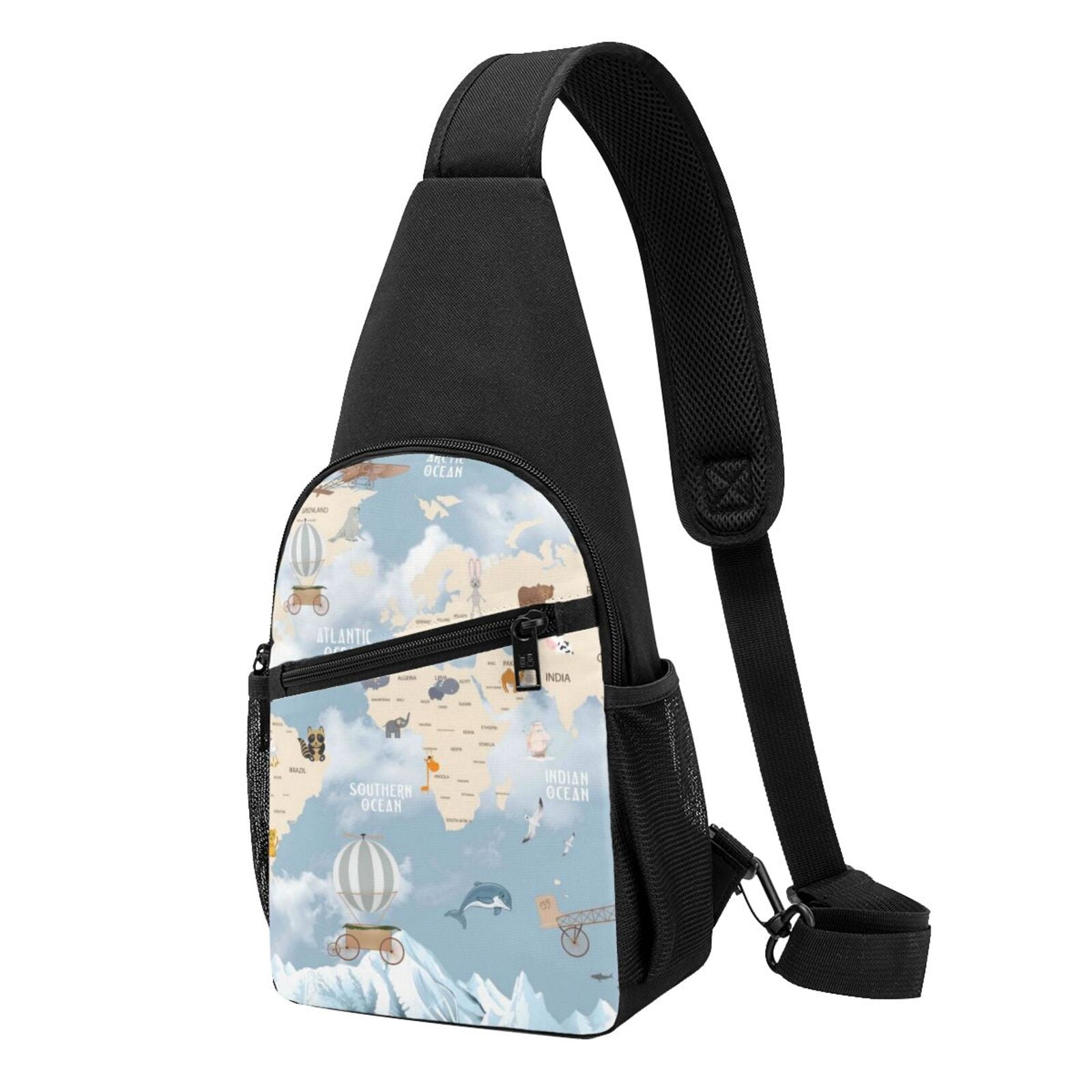 Xecao's Animals Travel World Map Print Sling Bag: A Versatile Chest, Shoulder, and Crossbody Backpack for Casual Days Out, Perfect for Both Men and Women