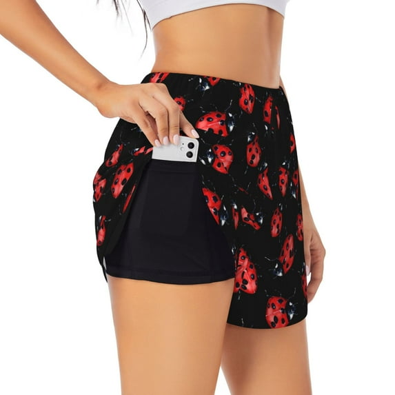 Xecao's Beautiful Red Ladybug for a double-layer running short for women, perfect for gym, tennis, and more, featuring a convenient pocket.