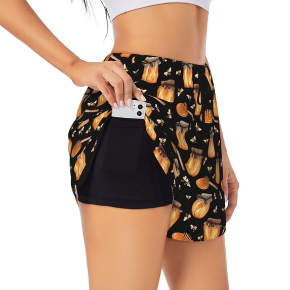 Xecao's Bee and Honey for a double-layer running short for women, perfect for gym, tennis, and more, featuring a convenient pocket.
