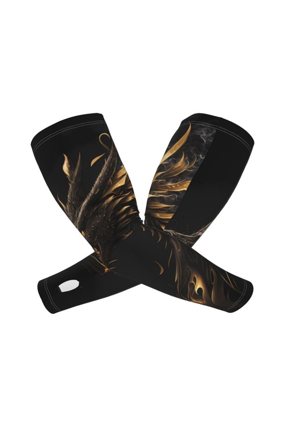 's Black And Gold Fire Dragon print Arm Sleeves offer cooling UV protection and sports compression for both men and women.
