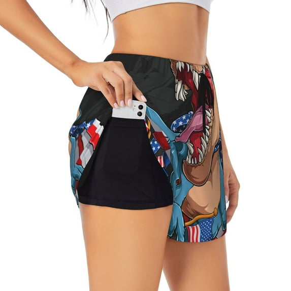Xecao's Blue Dinosaur for a double-layer running short for women, perfect for gym, tennis, and more, featuring a convenient pocket.