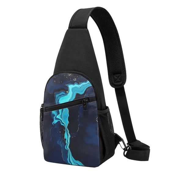 Xecao's Blue Marble And Gold Print Sling Bag: A Versatile Chest, Shoulder, and Crossbody Backpack for Casual Days Out, Perfect for Both Men and Women