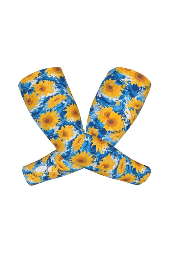 's Blue Ocean Wave Sunflower print Arm Sleeves offer cooling UV protection and sports compression for both men and women.