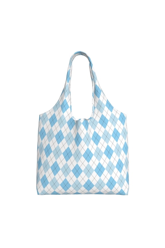 's Blue and White Squares Canvas Tote Bag is a versatile choice for women, serving as a stylish beach bag, shopping bag,and reusable grocery bag.