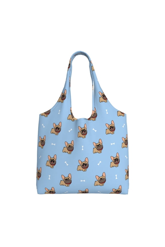 's Brown French Bulldog Canvas Tote Bag is a versatile choice for women, serving as a stylish beach bag, shopping bag,and reusable grocery bag.