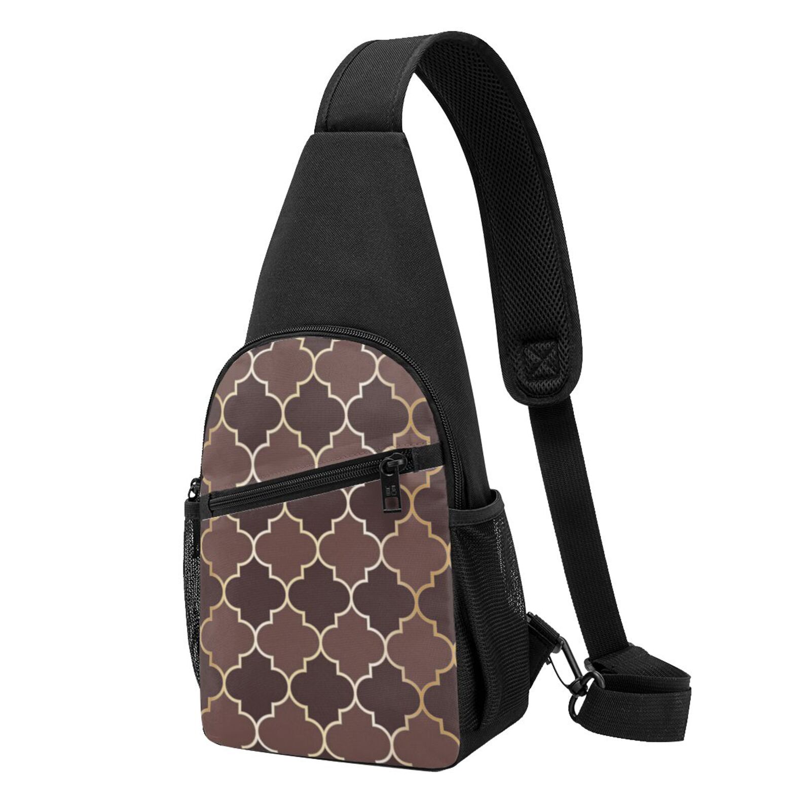 Xecao's Brown Gold Grid Print Sling Bag: A Versatile Chest, Shoulder, and Crossbody Backpack for Casual Days Out, Perfect for Both Men and Women