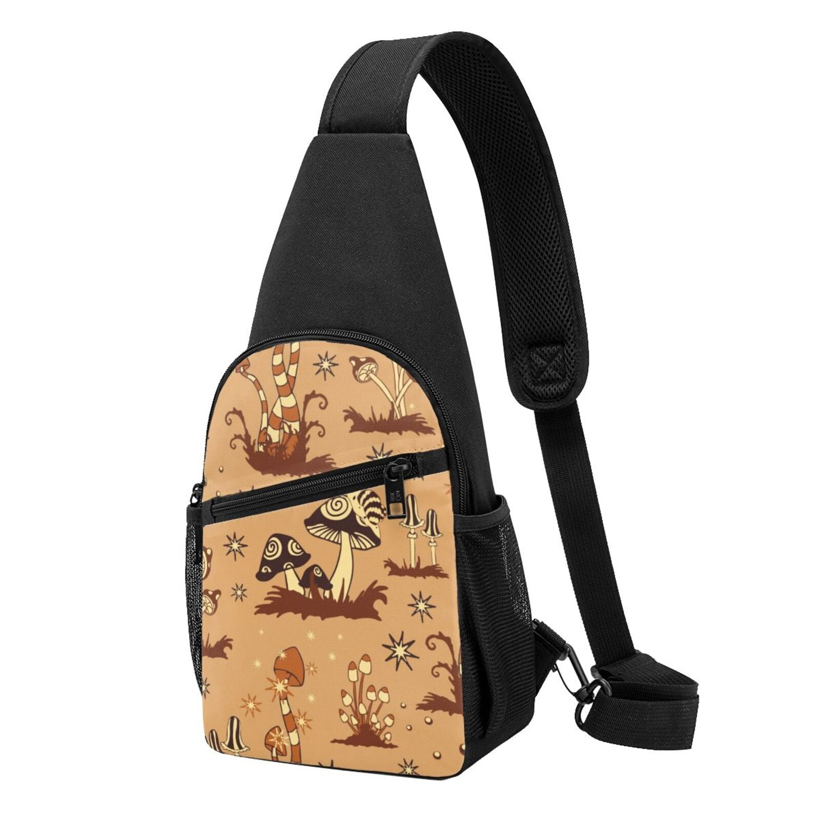 Xecao's Brown Mushrooms Print Sling Bag: A Versatile Chest, Shoulder, and Crossbody Backpack for Casual Days Out, Perfect for Both Men and Women