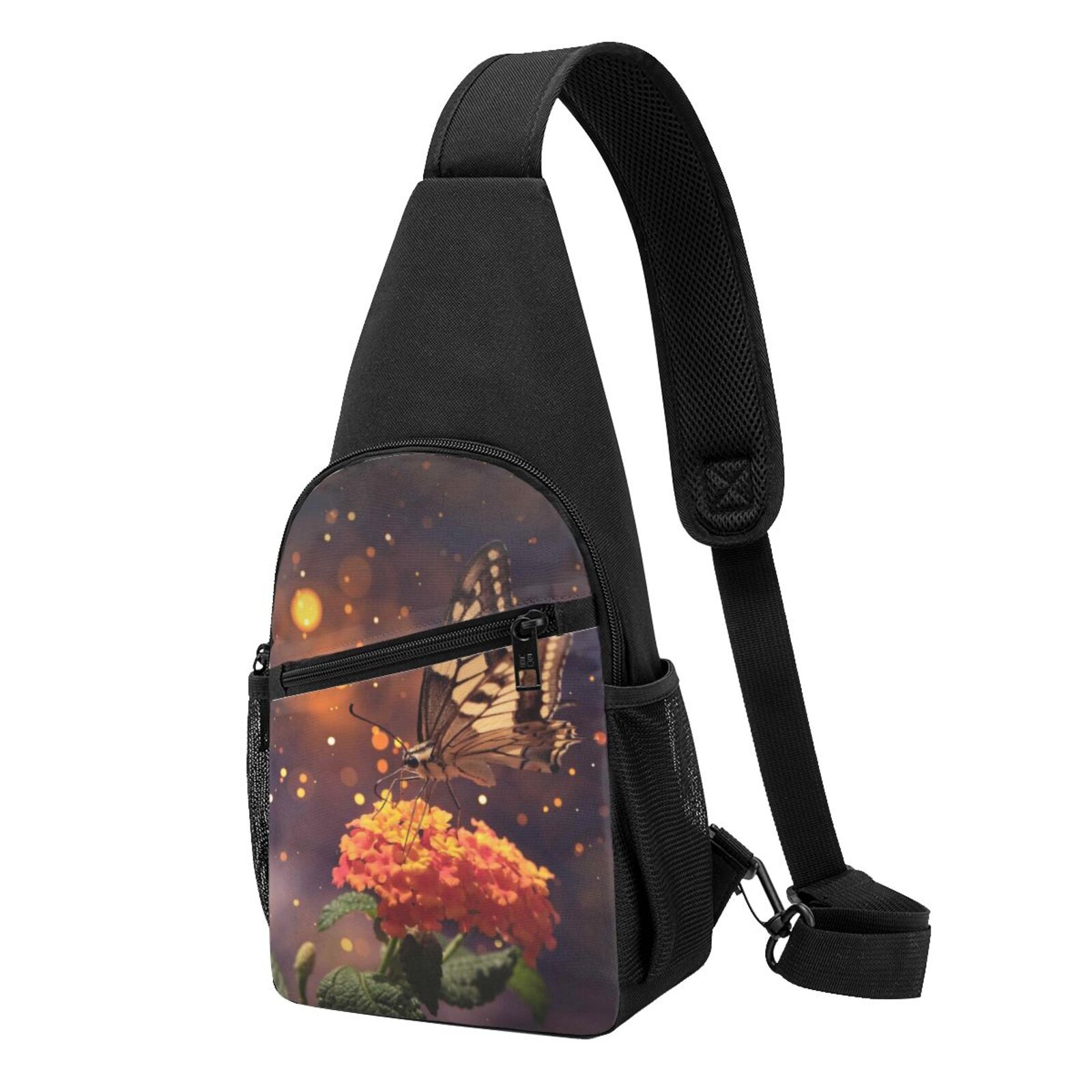 Xecao's Butterfly Sitting on a Flower Print Sling Bag: A Versatile Chest, Shoulder, and Crossbody Backpack for Casual Days Out, Perfect for Both Men and Women
