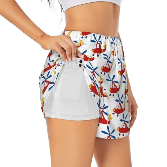 Xecao's Cartoon Helicopter for a double-layer running short for women, perfect for gym, tennis, and more, featuring a convenient pocket.