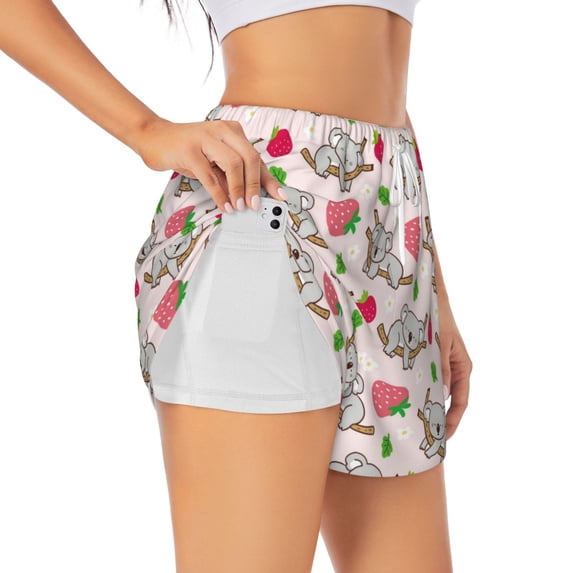 Xecao's Cartoon Koala Bear for a double-layer running short for women, perfect for gym, tennis, and more, featuring a convenient pocket.