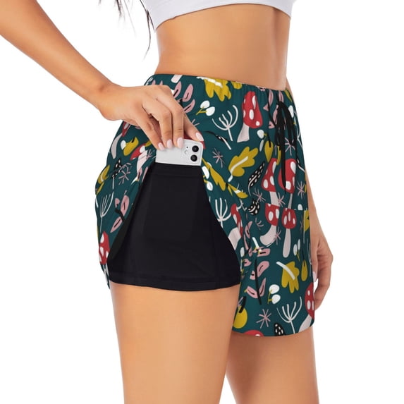 Xecao's Cartoon Leaf Mushroom Red for a double-layer running short for women, perfect for gym, tennis, and more, featuring a convenient pocket.