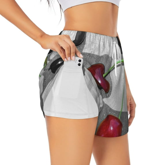 Xecao's Cherries laid for a double-layer running short for women, perfect for gym, tennis, and more, featuring a convenient pocket.
