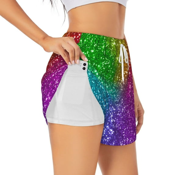 Xecao's Colorful Glitter for a double-layer running short for women, perfect for gym, tennis, and more, featuring a convenient pocket.